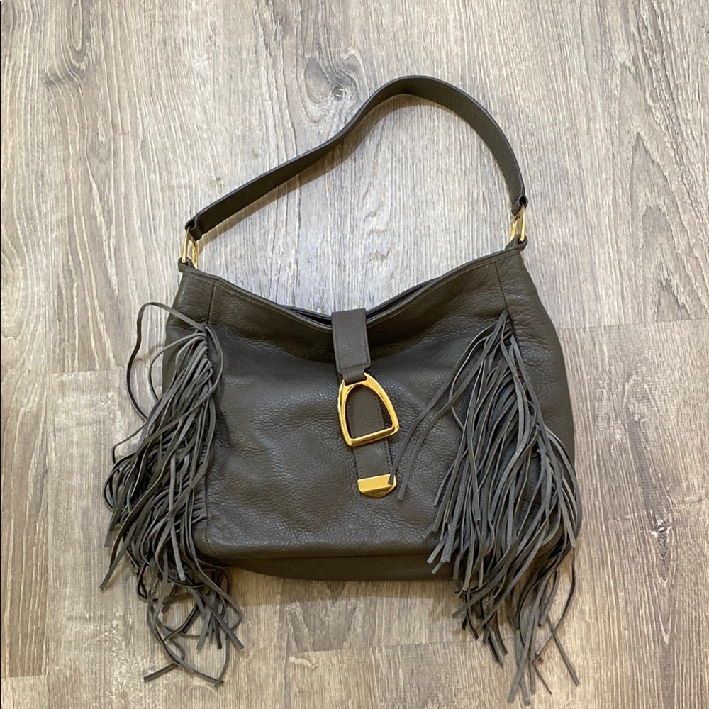 Fringed Leather Shoulder Bag - Gray